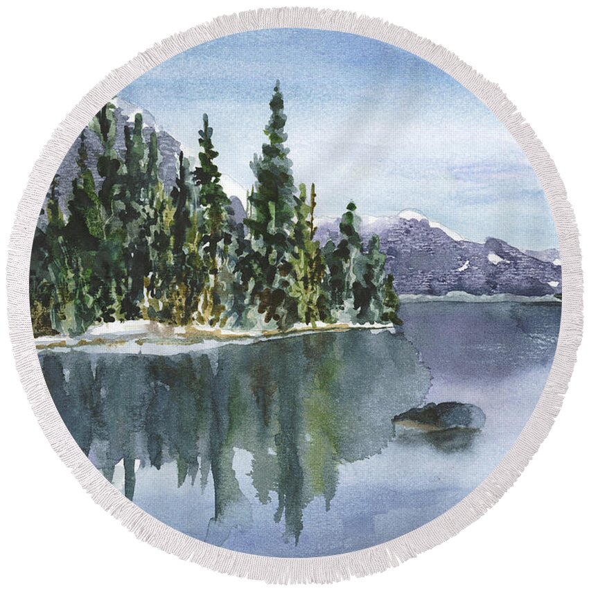 Lake Painting Round Beach Towel featuring the painting Reflections by Anne Gifford