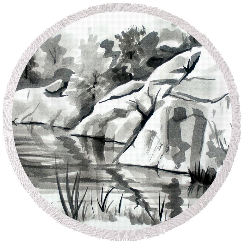 Reflections At Elephant Rocks State Park No I102 Round Beach Towel featuring the painting Reflections at Elephant Rocks State Park No I102 by Kip DeVore