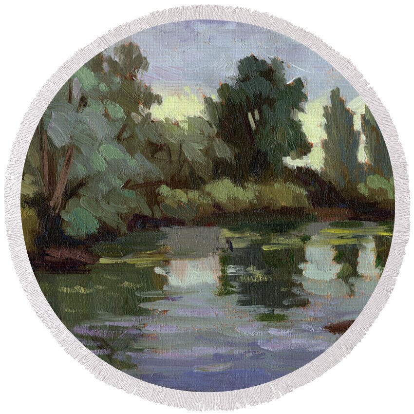 Washington Round Beach Towel featuring the painting Reflections Duwamish River by Diane McClary