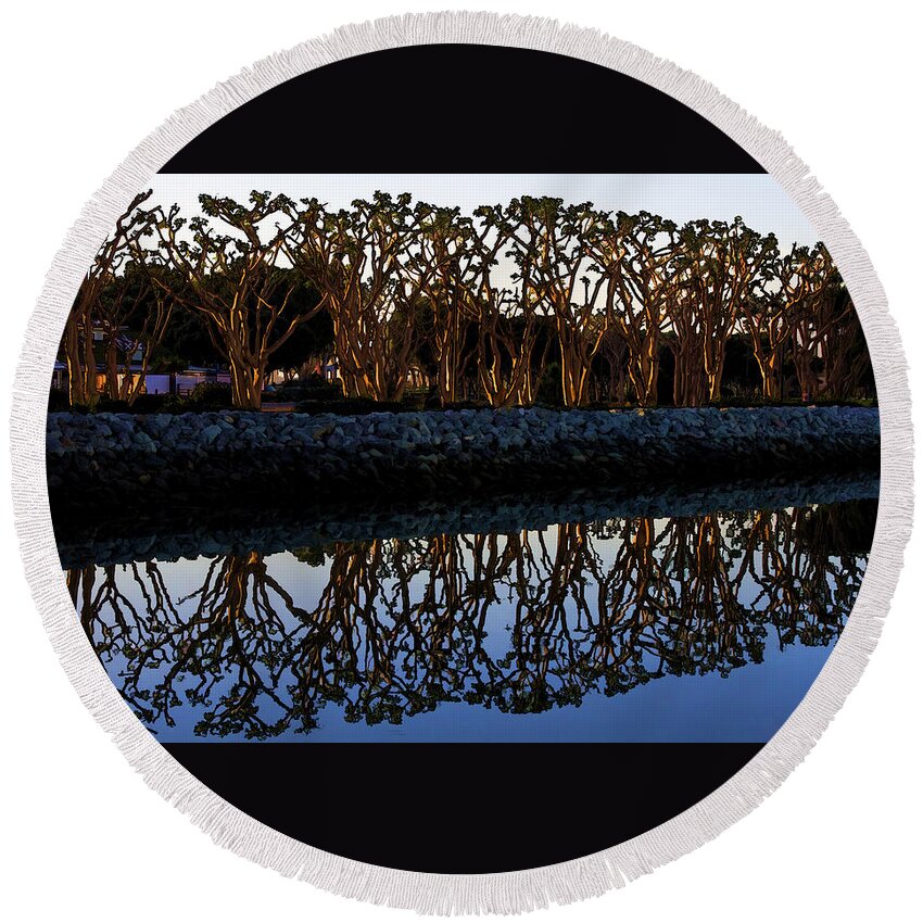 Trees Round Beach Towel featuring the photograph Reflections in First Light by Gary Holmes