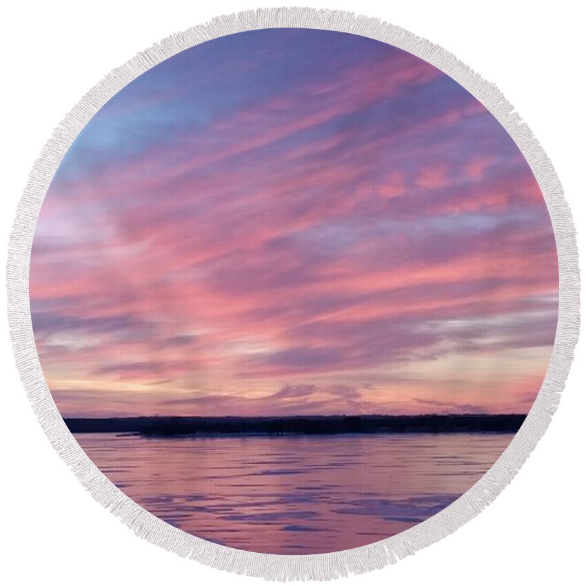 Branched Oak Lake Round Beach Towel featuring the photograph Reflections in Pink by Caryl J Bohn