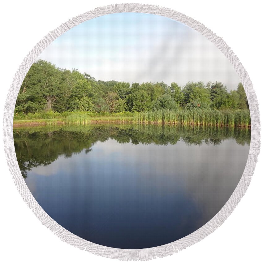 Reflection Round Beach Towel featuring the photograph Reflections of a still pond by Michael Porchik
