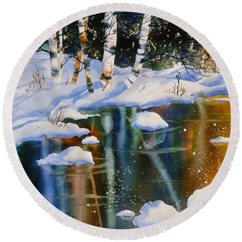 Reflections Of Birch Round Beach Towel featuring the painting Reflections of Birch by Teresa Ascone