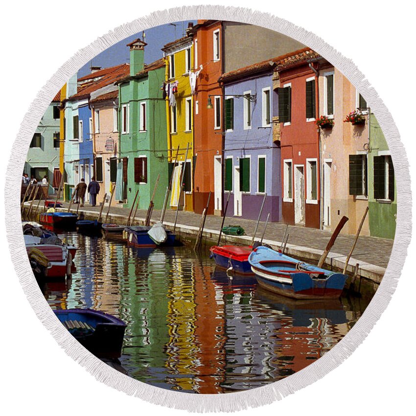Burano Round Beach Towel featuring the photograph Reflections of Burano by Jenny Setchell