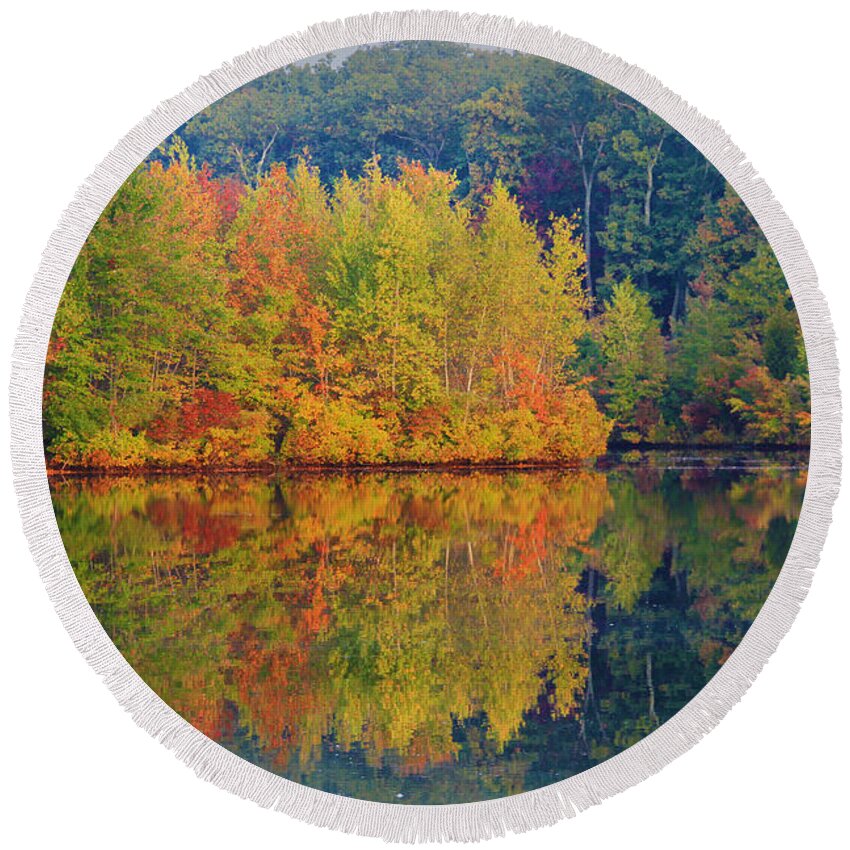 Fall Round Beach Towel featuring the photograph Reflections of Fall by Roger Becker