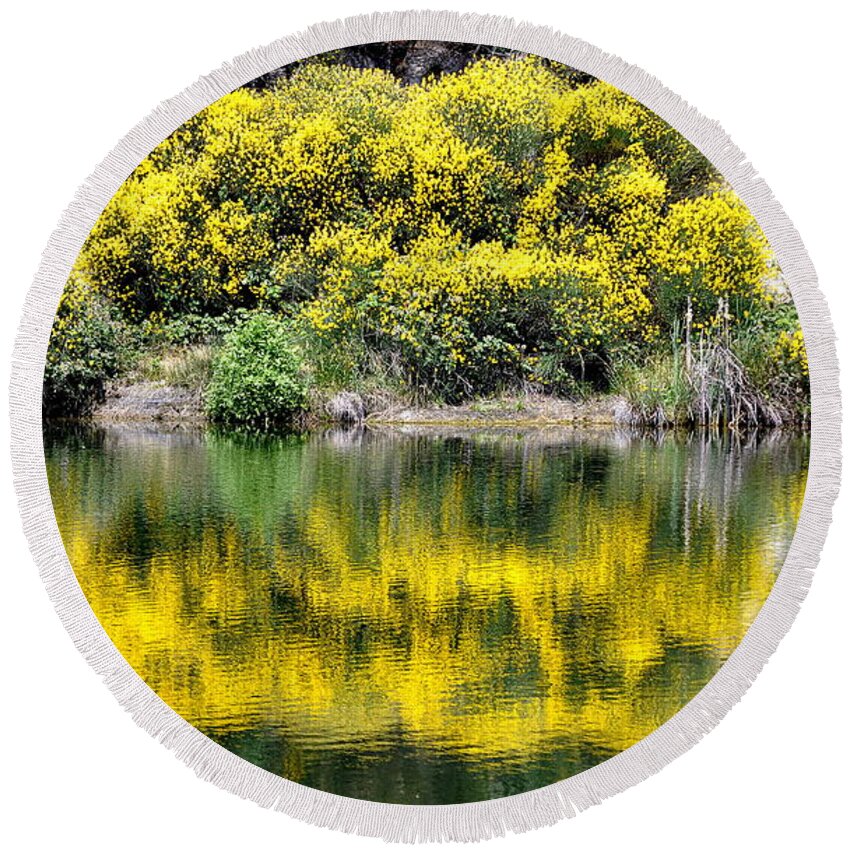 Scenic Round Beach Towel featuring the photograph Reflections of Yellow by AJ Schibig