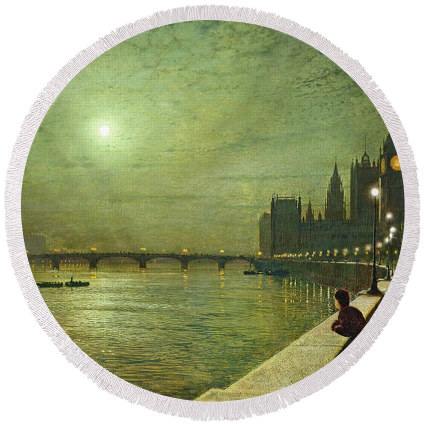 John Atkinson Grimshaw Round Beach Towel featuring the painting Reflections on the Thames. Westminster by John Atkinson Grimshaw