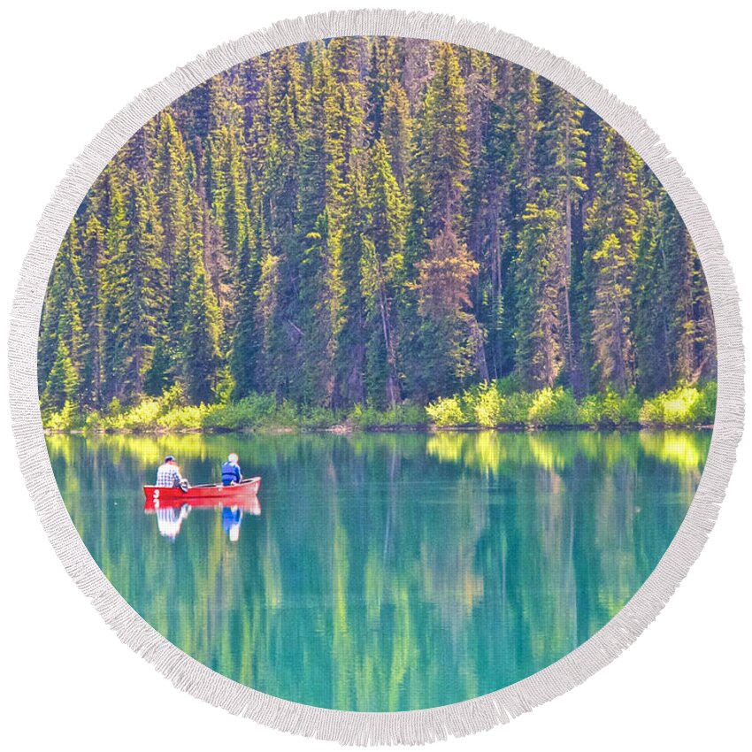 Red Fishing Boat Round Beach Towel featuring the photograph Reflective Fishing on Emerald Lake in Yoho National Park-British Columbia-Canada by Ruth Hager