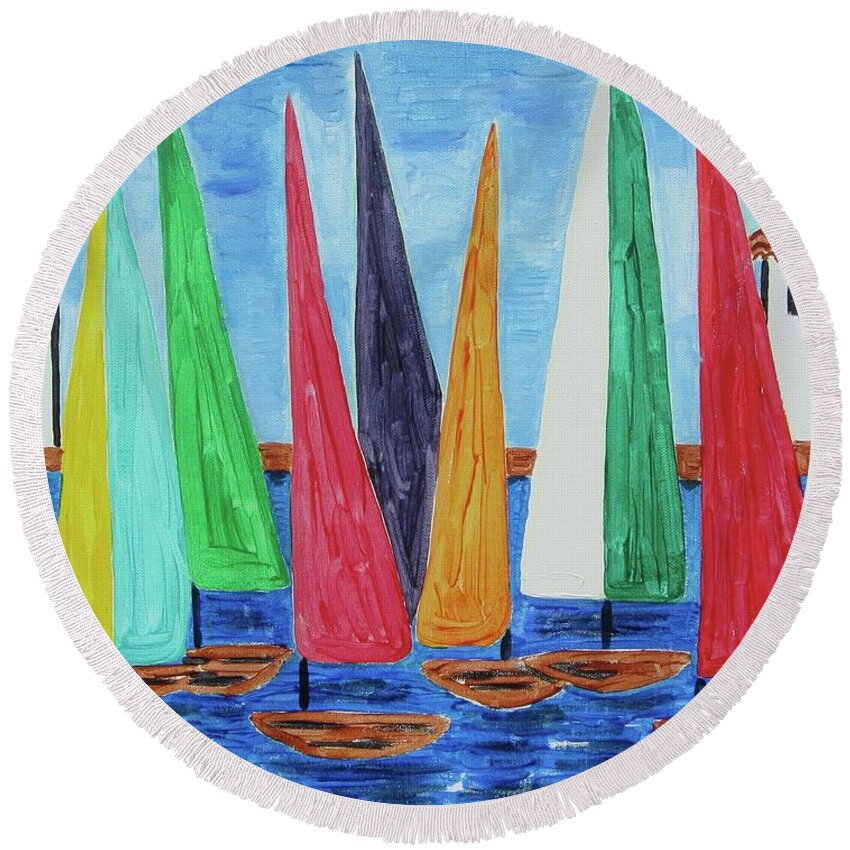 Sailboat Race Round Beach Towel featuring the painting Regatta by Diane Pape