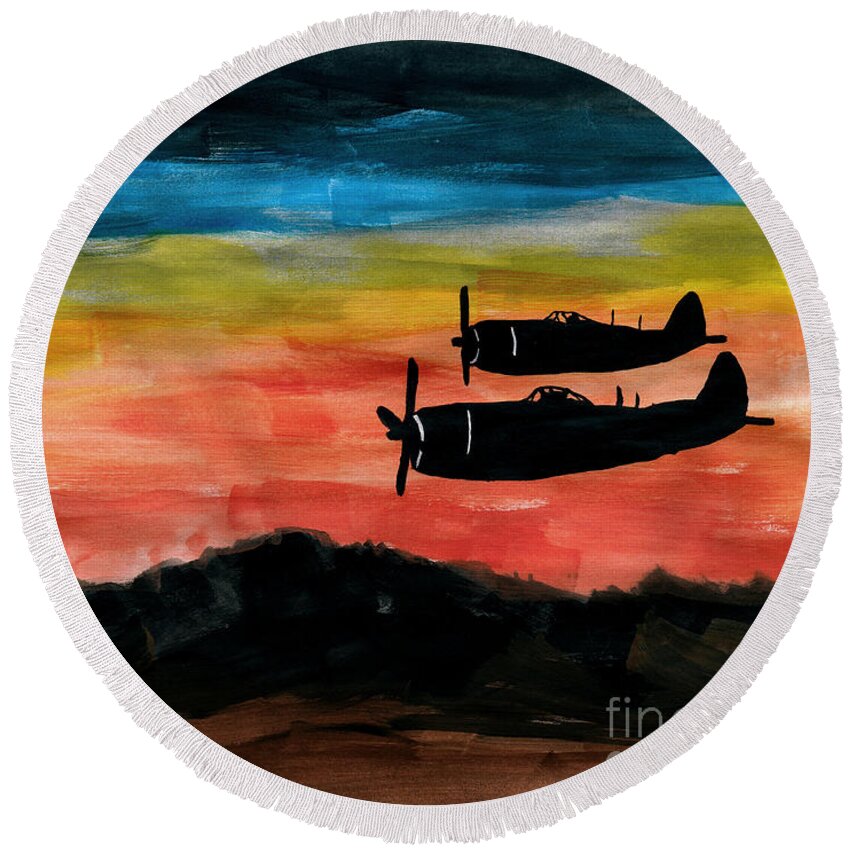 Republic Round Beach Towel featuring the painting Republic P-47 Thunderbolts by R Kyllo