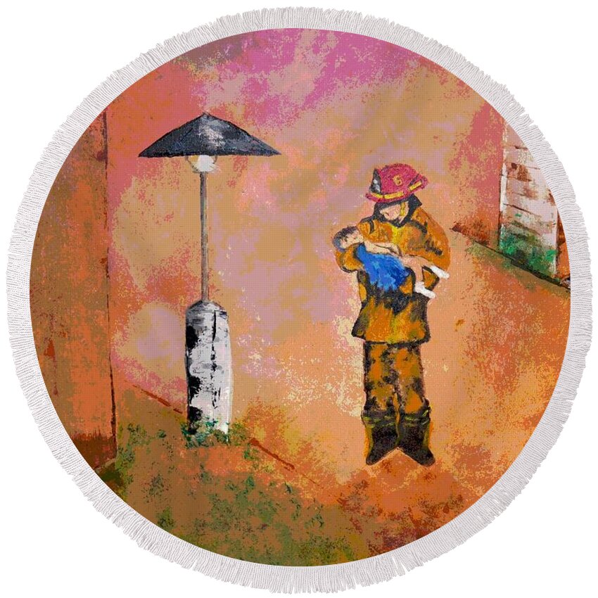 Fireman Round Beach Towel featuring the painting Rescue by Denise Tomasura