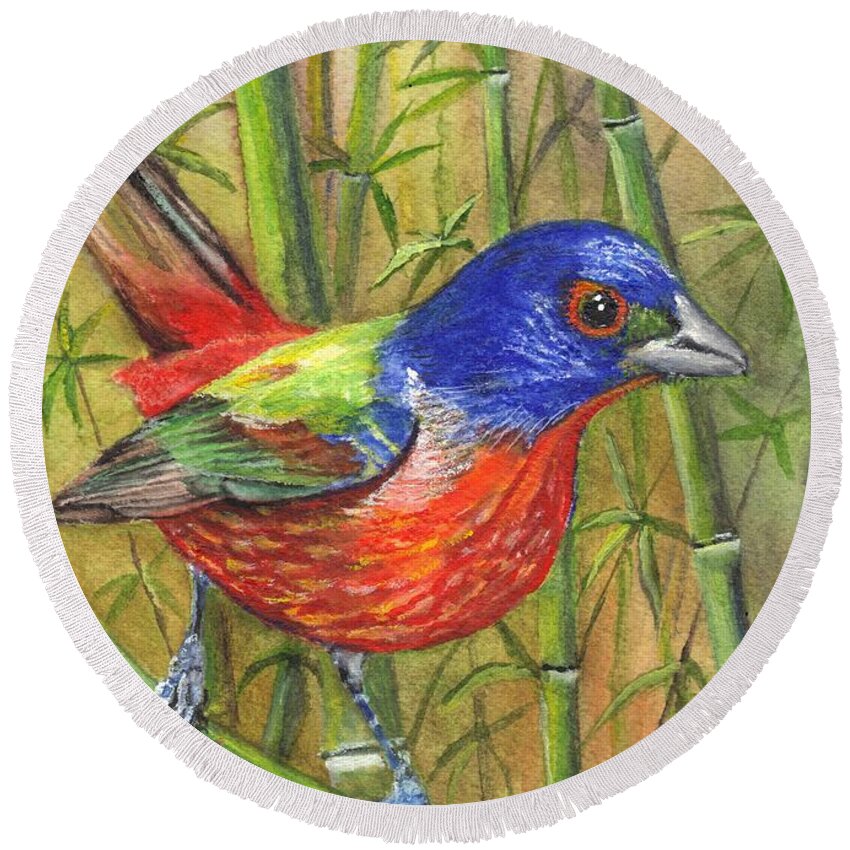 Painted Bunting Round Beach Towel featuring the painting Resplendent Painted Bunting by Carol Wisniewski