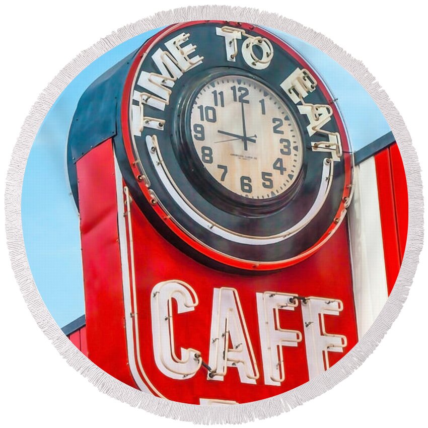 Diner Signs Round Beach Towel featuring the photograph Retro Cafe by Art Block Collections