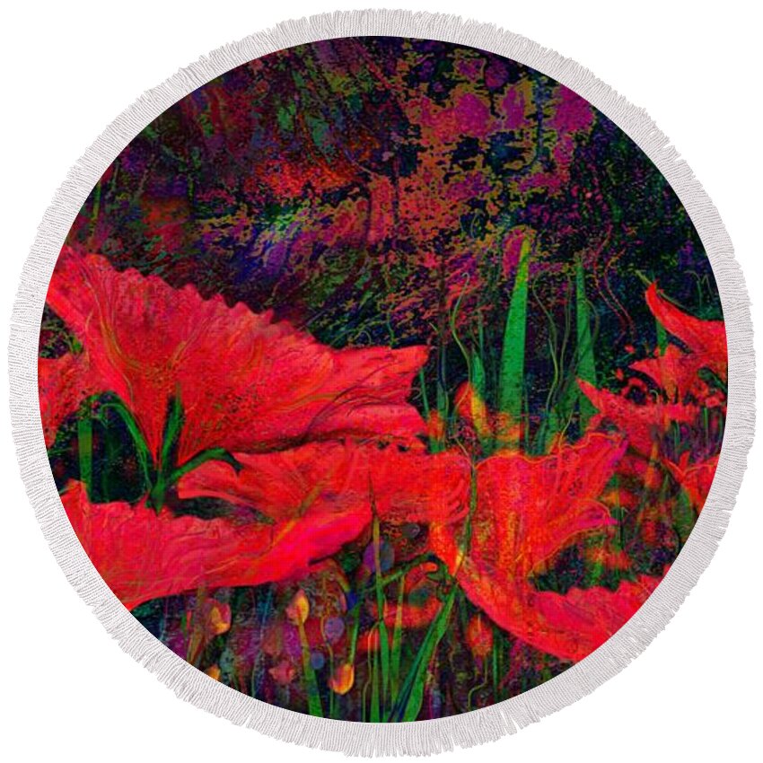 Abstract Round Beach Towel featuring the digital art Rhapsody in Red by Mary Eichert