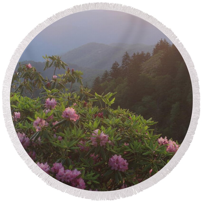 North Carolina Round Beach Towel featuring the photograph Rhododendrons and Smoky Mountains in Evening Light by John Burk