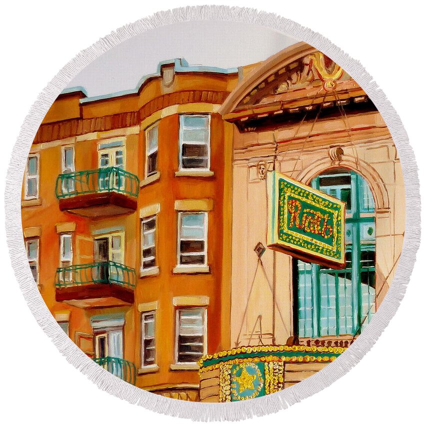 Montreal Round Beach Towel featuring the painting Rialto Theatre-montreal Classic Building-vintage Marquee by Carole Spandau