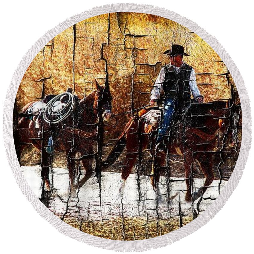 Rio Grande Cowboy Round Beach Towel featuring the photograph Rio Cowboy With Horses by Barbara Chichester