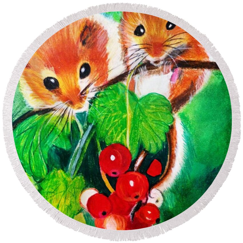 Vine Tomatoes Round Beach Towel featuring the painting Ripe-n-Ready Cherry Tomatoes by Renee Michelle Wenker