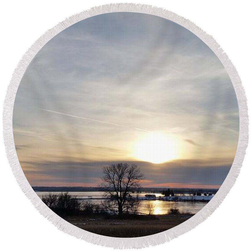 Branched Oak Lake Round Beach Towel featuring the photograph Rippled Sunset by Caryl J Bohn