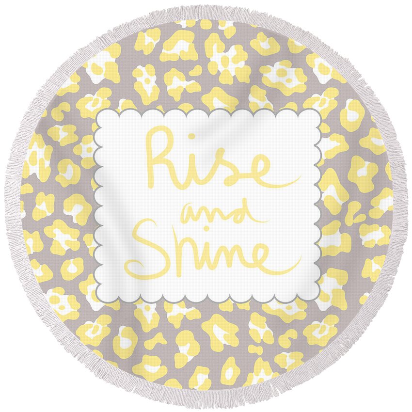 Rise And Shine Round Beach Towel featuring the mixed media Rise and Shine- yellow and grey by Linda Woods