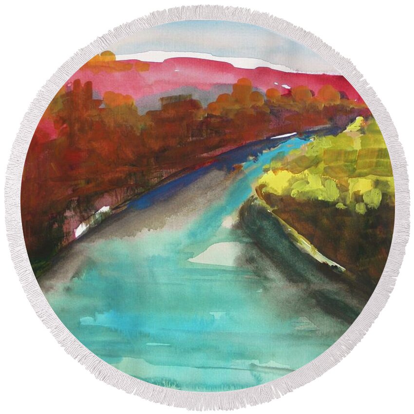 Watercolor Landscape Round Beach Towel featuring the painting River Bend in October by John Williams