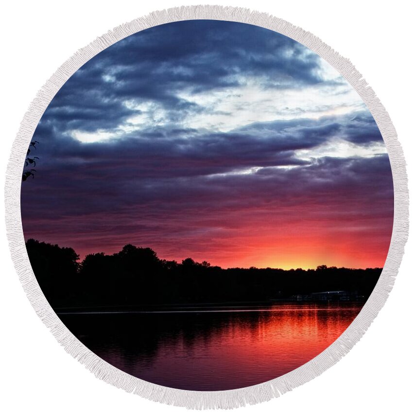 Baldwinsville Round Beach Towel featuring the photograph River Glow by Dave Files