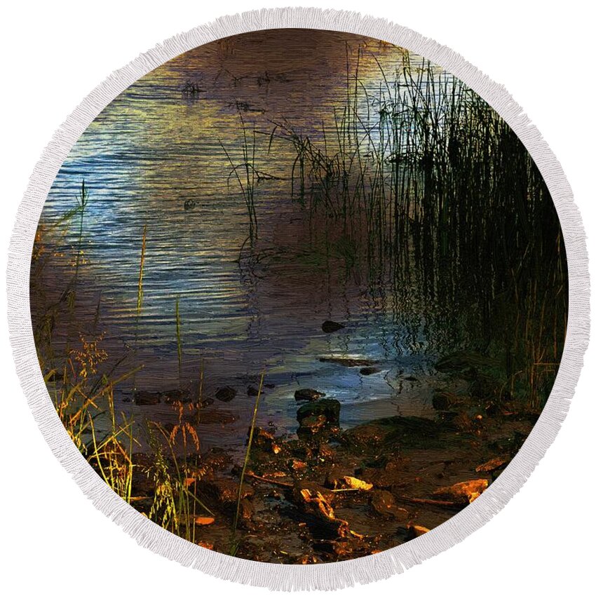 Landscape Round Beach Towel featuring the painting River Runes by RC DeWinter