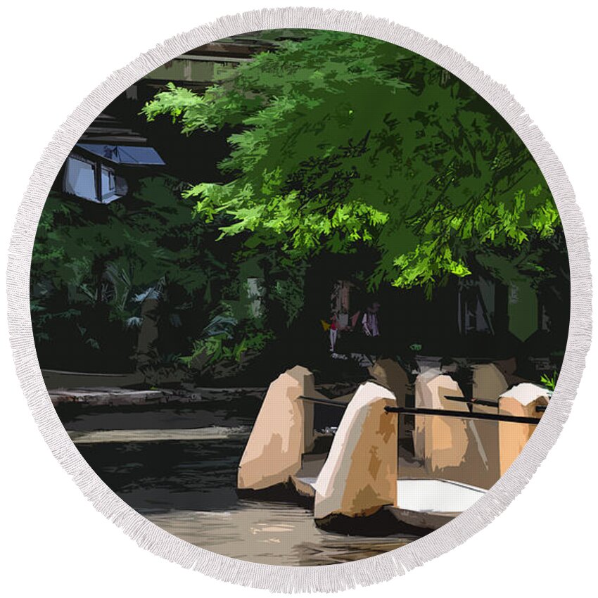 Riverwalk Round Beach Towel featuring the painting Riverwalk Stone in Light by Kirt Tisdale