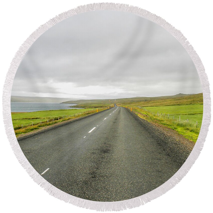 Asphalt Round Beach Towel featuring the photograph Road in Iceland by Patricia Hofmeester