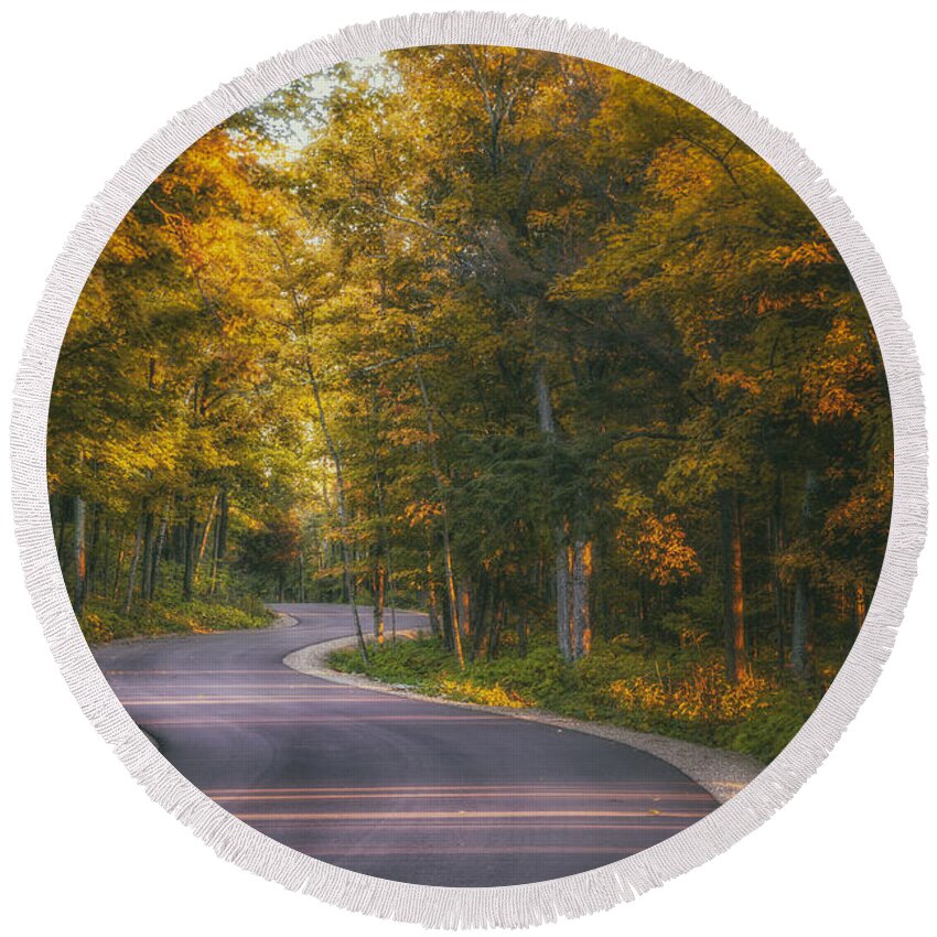 Blacktop Round Beach Towel featuring the photograph Road to Cave Point by Scott Norris