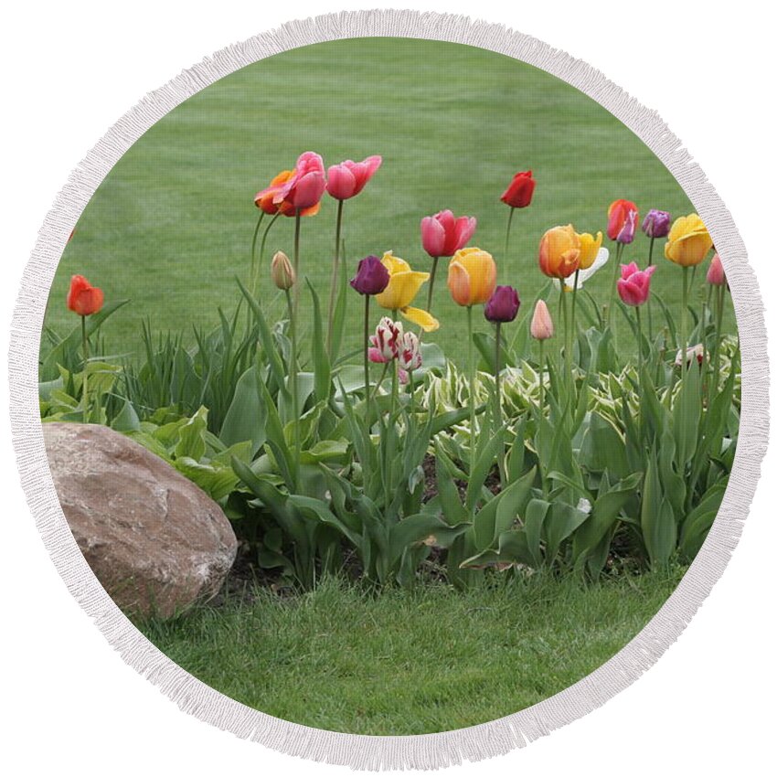 Tulips Round Beach Towel featuring the photograph Tulip and Hosta Garden by Valerie Collins