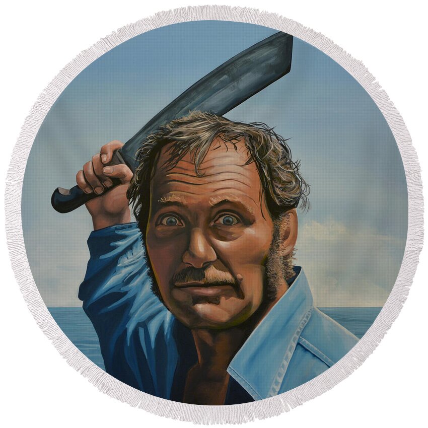 Robert Shaw Round Beach Towel featuring the painting Robert Shaw in Jaws by Paul Meijering