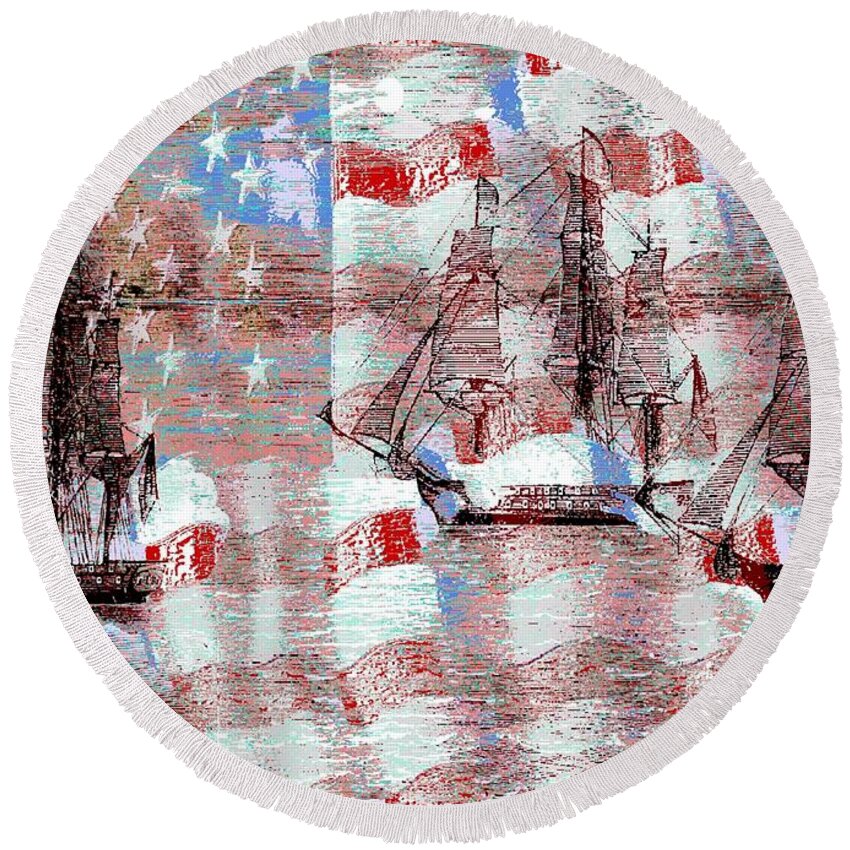 July 4 Round Beach Towel featuring the digital art Rockets Red Glare by John Madison