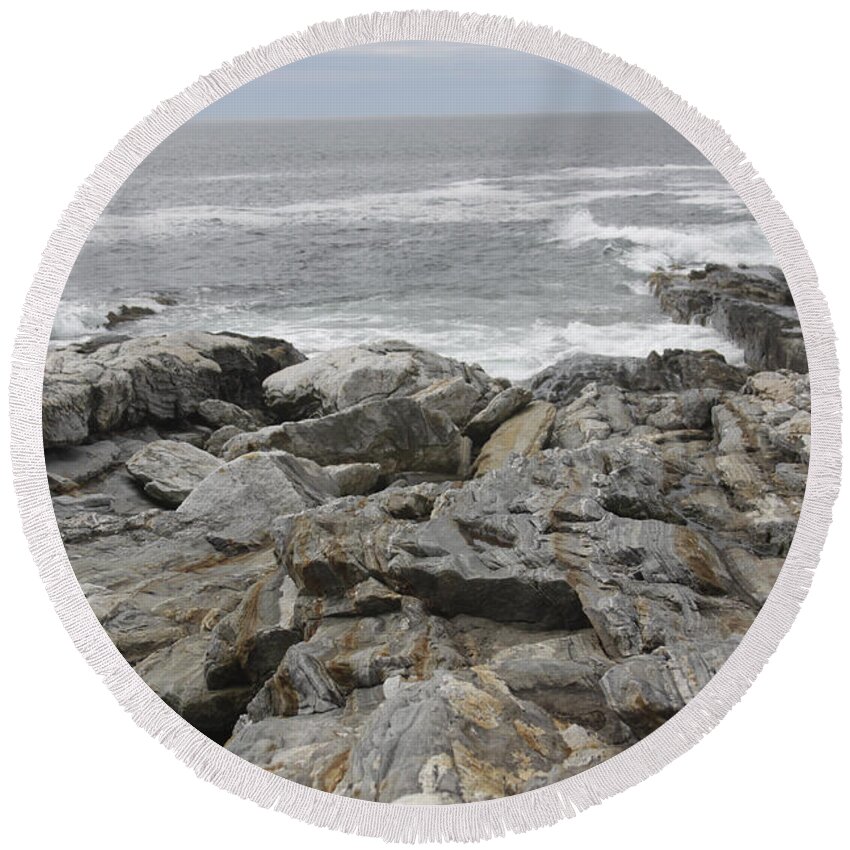 Rocks Round Beach Towel featuring the photograph Rocks and Waves on Monhegan by Jean Macaluso