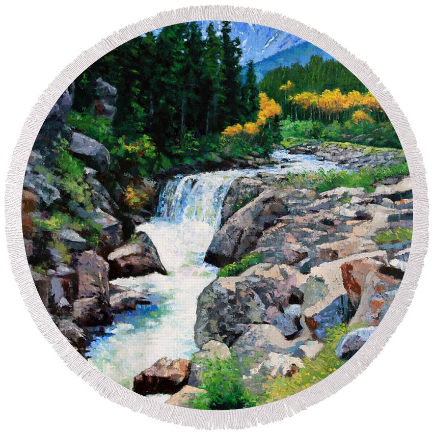 Rocky Mountains Round Beach Towel featuring the painting Rocky Mountain High by John Lautermilch