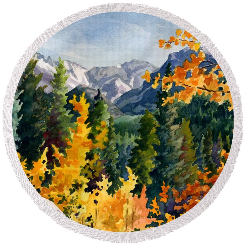 Autumn Trees Painting Round Beach Towel featuring the painting Rocky Mountain National Park by Anne Gifford