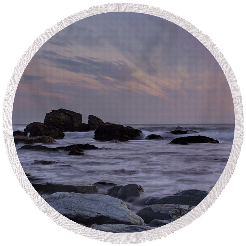 Andrew Pacheco Round Beach Towel featuring the photograph Rocky Shore of Sachuest by Andrew Pacheco