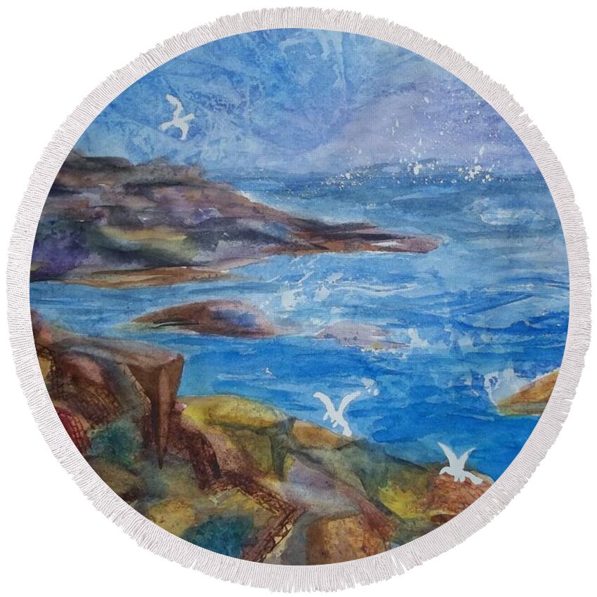 Maine Coast Round Beach Towel featuring the painting Rocky Shores of Maine by Ellen Levinson
