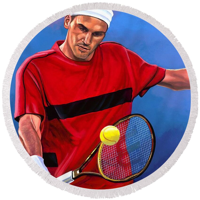 Roger Federer Round Beach Towel featuring the painting Roger Federer The Swiss Maestro by Paul Meijering
