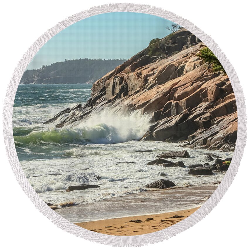 Maine Round Beach Towel featuring the photograph Rolling waves by Jane Luxton