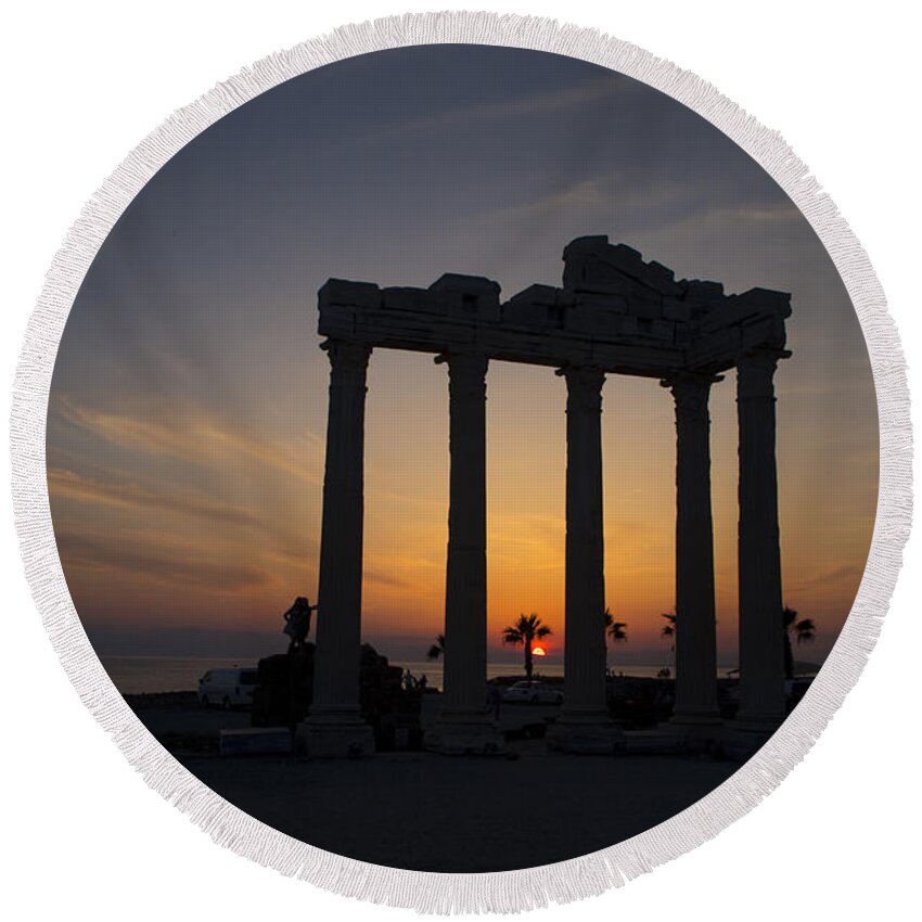 Digital Print Round Beach Towel featuring the photograph Roman ruins at sunset Side Turkey by Tony Mills