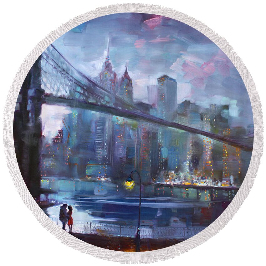 Romance Round Beach Towel featuring the painting Romance by East River II by Ylli Haruni