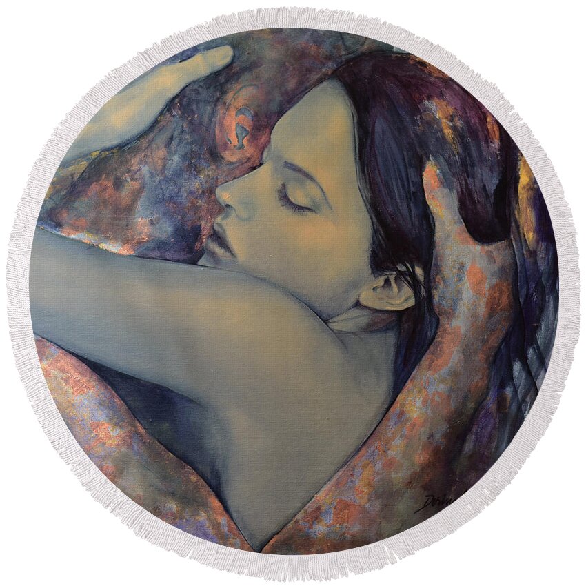 Fantasy Round Beach Towel featuring the painting Romance with a Chimera by Dorina Costras