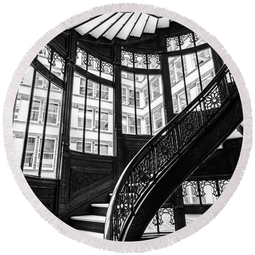 Chicago Round Beach Towel featuring the photograph Rookery Building Winding Staircase and Windows - Black and White by Anthony Doudt