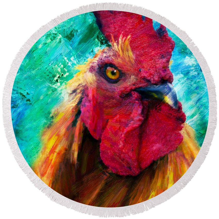 Abstract Round Beach Towel featuring the painting Rooster Colorful Expressions by Georgiana Romanovna