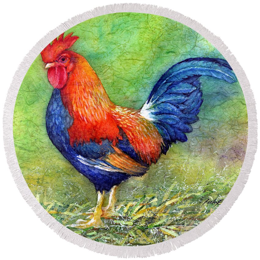 Rooster Round Beach Towel featuring the painting Rooster by Hailey E Herrera