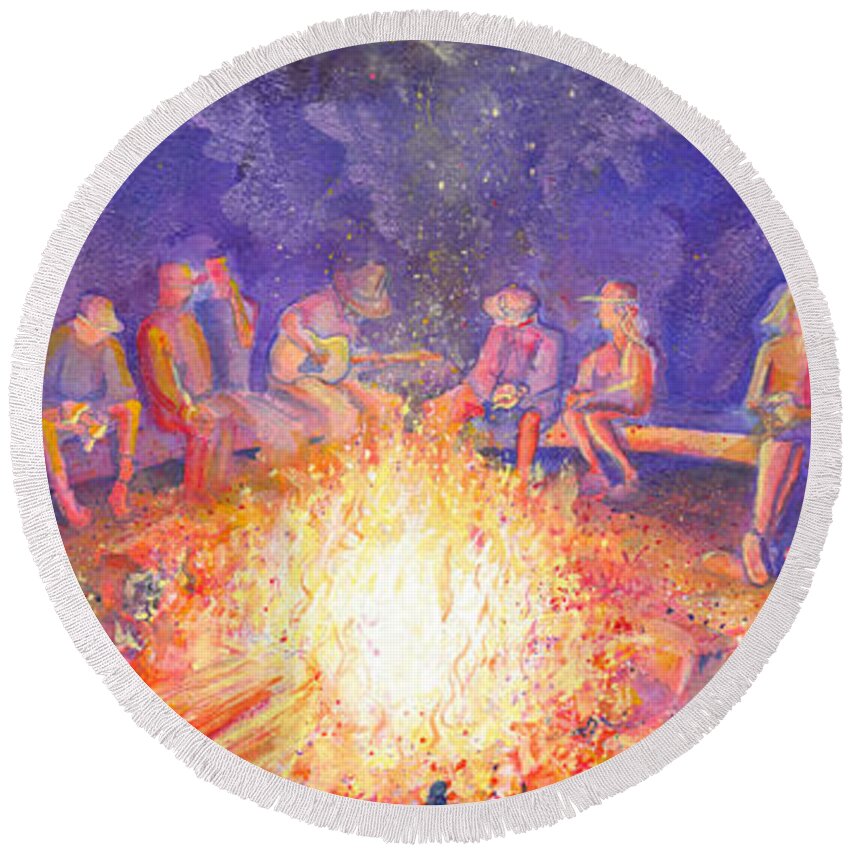 Roots Retreat Round Beach Towel featuring the painting Roots Retreat Campfire Jam by David Sockrider