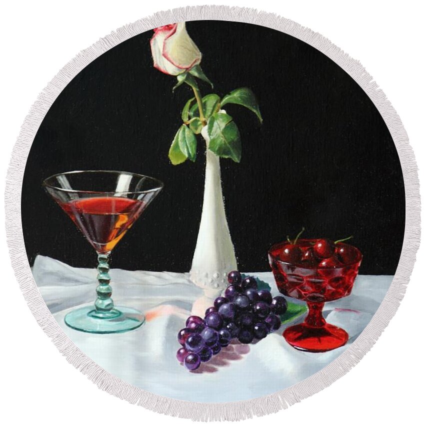 Still Life Round Beach Towel featuring the painting Rose wine and fruit by Glenn Beasley