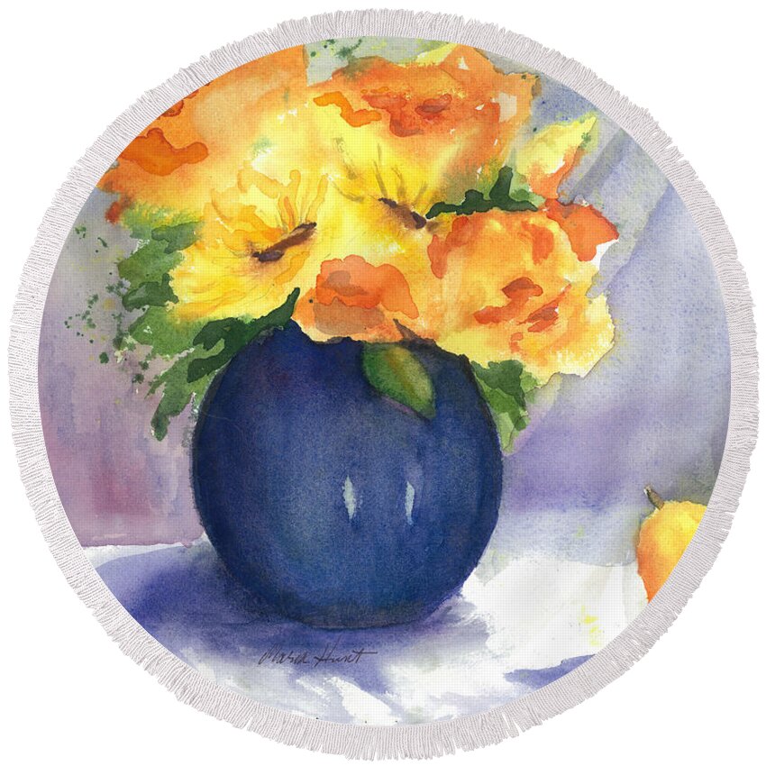 Sunflowers And Roses Round Beach Towel featuring the painting Roses and Sunflowers by Maria Hunt