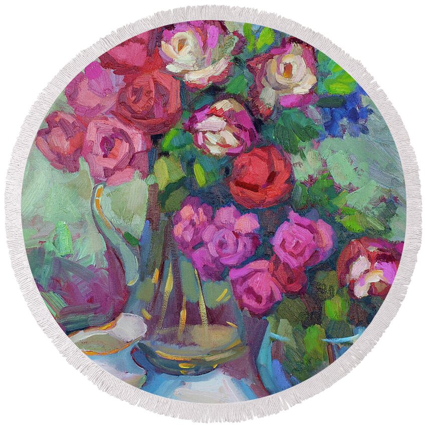 Roses Round Beach Towel featuring the painting Roses In Two Vases by Diane McClary